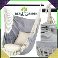 RealG RC-K-573 Brazílske závesné hojdacie kreslo s vankúšmi 130 x 100 cm, šedo-béžové