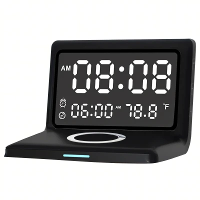 RealG RC-K-1626 Digitálny budík so zrkadlom, bezdrôtová nabíjačka Qi 15 W, čierna farba
