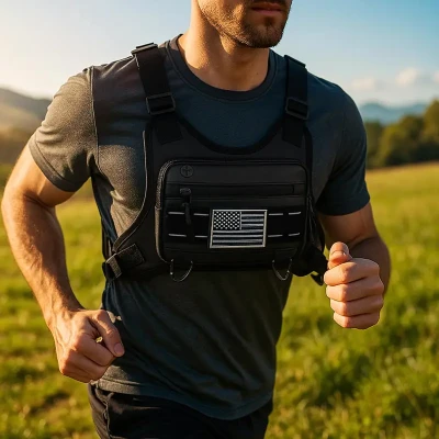 RealG RC-K-1627 Taktická sportovní hrudní taška na běh, voděodolná, černá