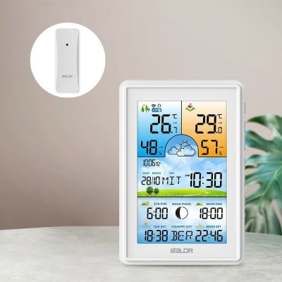 Bezdrôtová meteorologická stanica Bauerkraft G-806, vlhkomer, hodiny, fázy mesiaca, kalendár, budík, biela farba