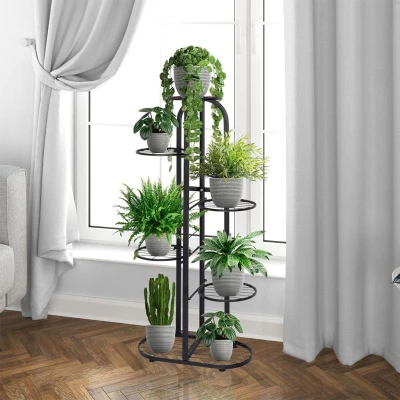 ModernHome PJJPS0014 Kovový stojan na kvety, 6 úrovní, 106 cm, čierny