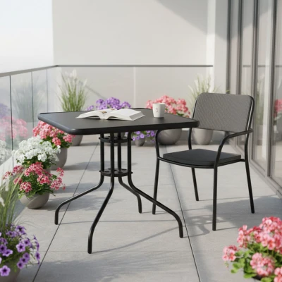 MultiGarden SC-073A Zahradní stůl 80×80 cm, tvrzené sklo, otvor na slunečník, černý