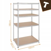 Bigstren 27509 Kovový skladovací regál, 5 polic, 180 x 100 x 60 cm, 1000 kg, stříbrný