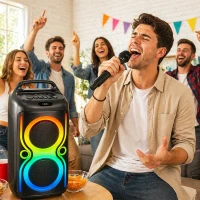 Verk 06401 Prenosný LED reproduktor s Bluetooth, USB / FM rádio / AUX / karaoke, 2 mikrofóny – batoh