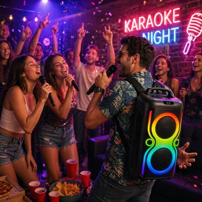 Verk 06401 Prenosný LED reproduktor s Bluetooth, USB / FM rádio / AUX / karaoke, 2 mikrofóny – batoh
