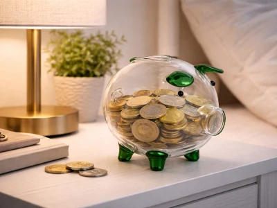 Verk 27693 Skleněná pokladnička prasátko se zelenými detaily