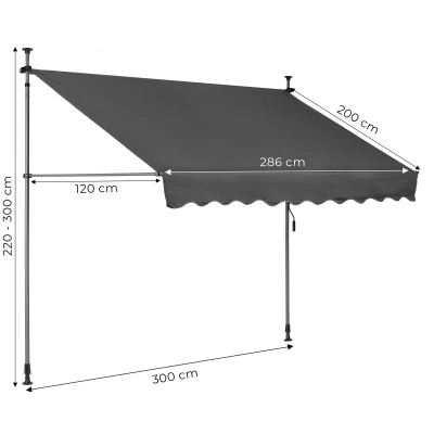 MultiGarden AW-016 Prívesná markíza s ručnou kľukou, výškovo nastaviteľná 300 × 200 cm, sivá
