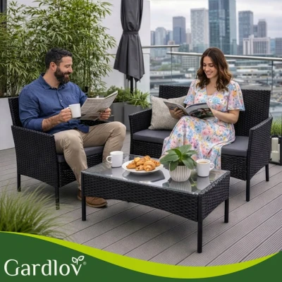 Gardlov 26908 Záhradný nábytok - pohovka, 2 kreslá, sklenený stôl, čierny ratan