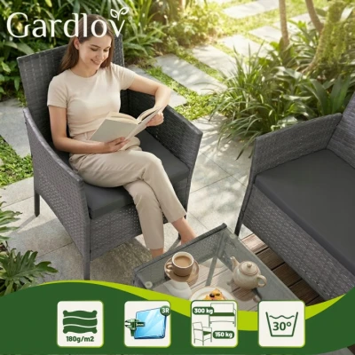 Gardlov 26907 Záhradný nábytok - pohovka, 2 kreslá, sklenený stôl, sivý ratan