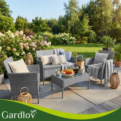 Gardlov 26907 Záhradný nábytok - pohovka, 2 kreslá, sklenený stôl, sivý ratan