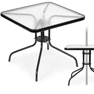 MultiGarden SC-073A Zahradní skleněný stolek 80 x 80 cm, s otvorem pro slunečník, černý