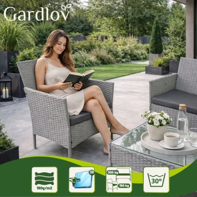 Gardlov 26910 Záhradný nábytok - pohovka, 2 kreslá, stolík so sklenenou doskou, sivý ratan