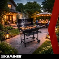 Kaminer 27315 Záhradný gril na drevené uhlie s kolieskami, 108 x 67 x 96 cm, teplomer
