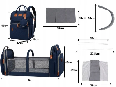 Verk 27815 Multifunkční batoh pro maminky s cestovní postýlkou, USB port, modrý