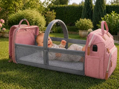 Verk 27815 Multifunkční batoh pro maminky s cestovní postýlkou, USB port, růžový