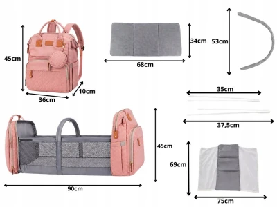 Verk 27815 Multifunkční batoh pro maminky s cestovní postýlkou, USB port, růžový
