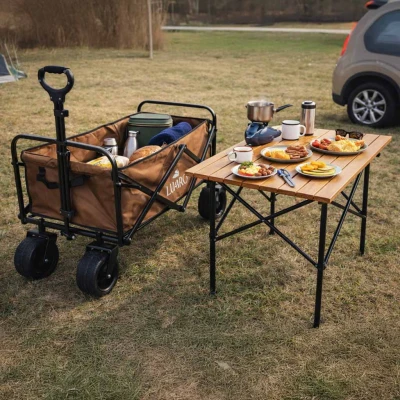 LUARO KX2812 Skladací plážový vozík 2 v 1 so stolíkom a strieškou, hnedý