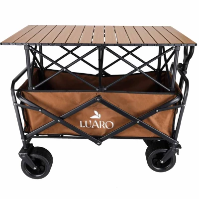LUARO KX2812 Skladací plážový vozík 2 v 1 so stolíkom a strieškou, hnedý