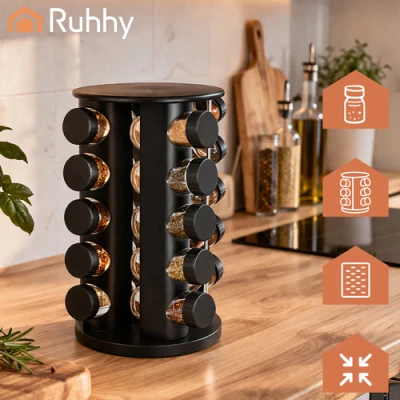 Ruhhy 27704 Sada nádobiek na korenie v otočnom stojane o 360°, 20 ks, čierne