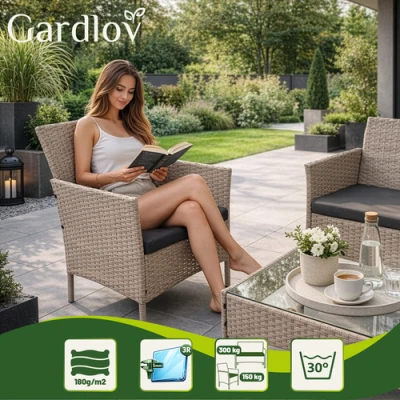 Gardlov 26909 Zahradní nábytek - pohovka, 2 křesla, stolek se sklem, ratan béžový