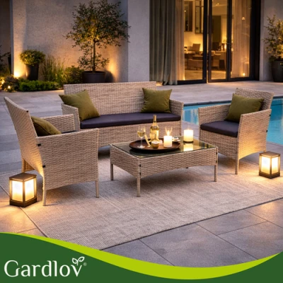 Gardlov 26909 Zahradní nábytek - pohovka, 2 křesla, stolek se sklem, ratan béžový