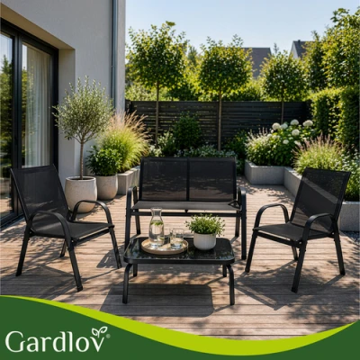 Gardlov 27601 Zahradní set - stůl, lavice, 2x křeslo, kov, černý