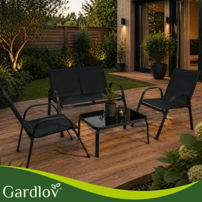 Gardlov 27601 Zahradní set - stůl, lavice, 2x křeslo, kov, černý