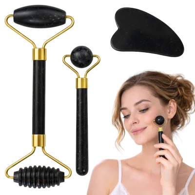 Verk 24672 Masážny valček na tvár Jade Roller, Gua-Sha, 3 v 1, čierny