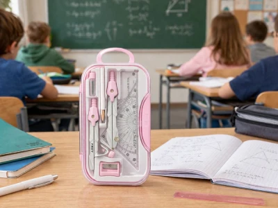 Verk 27840 Geometrická sada v pouzdře - kružítko s příslušenstvím, 9 dílů, růžová