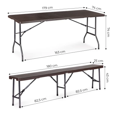 MultiGarden Skladací cateringový set, stôl 180 cm + 2 lavice, hnedá