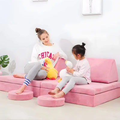 EcoToys TMSRT-15 Modulární skládací pohovka pro děti, 2 místná, 10 polštářů, růžová
