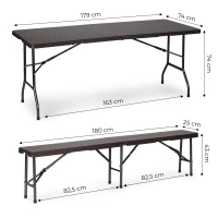 MultiGarden Skladací cateringový set Ratan, stôl 180 cm + 2 lavice, hnedá