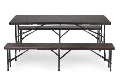 MultiGarden Skladací cateringový set Ratan, stôl 180 cm + 2 lavice, hnedá