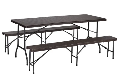 MultiGarden Skladací cateringový set Ratan, stôl 180 cm + 2 lavice, hnedá