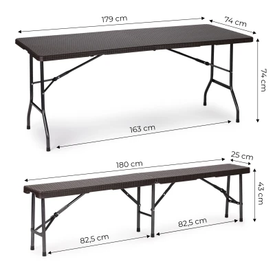 MultiGarden Skladací cateringový set Ratan, stôl 180 cm + 2 lavice, hnedá