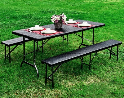 MultiGarden Skladací cateringový set Ratan, stôl 180 cm + 2 lavice, hnedá