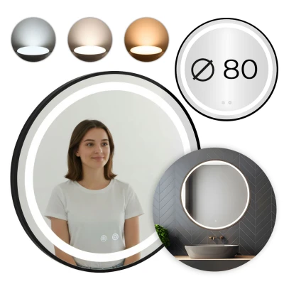 ModernHome VKM-ECO Okrúhle nástenné LED zrkadlo 80 cm, Anti-Fog, hliníkový rám, čierne