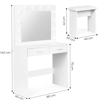 ModernHome CHDT03 Toaletný stolík so zrkadlom, 80 x 40 x 140 cm, 12 LED, biely