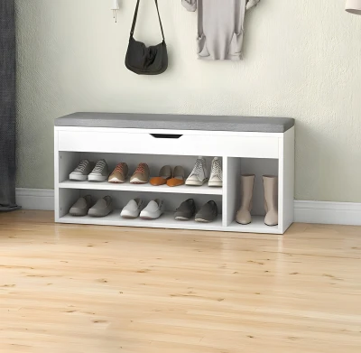 ModernHome WYJ-249 Botník s čalouněnou lavicí 30,5 x 104 x 49 cm, 3 police, bílý