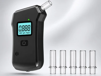 Verk 27705 Digitálny alkohol tester s LCD displejom, baterkou a 5 náustkami, čierny