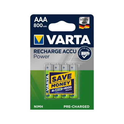 Varta BAT0255 Nabíjateľné batérie Recharge Accu Recycled AAA, 800 mAh, 4 ks