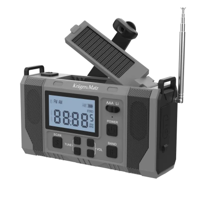 Kruger&Matz KM0838 Solárne rádio s powerbankou 10 000 mAh, SOS alarm, LED svietidlo, sivé
