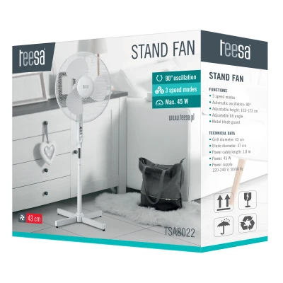 Teesa TSA8022 Stojanový ventilátor, 3 rychlosti, výška 105 - 123 cm, bílý
