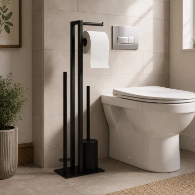 ModernHome AIE-47 Stojan na toaletný papier s kefkou na WC, čierny