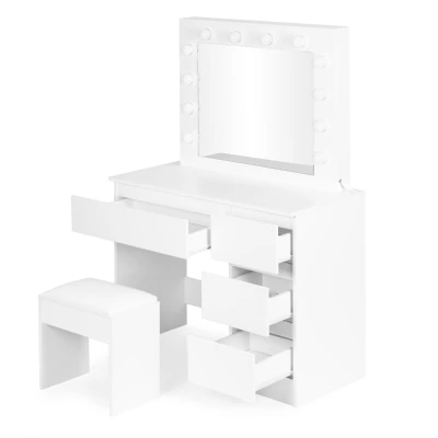 ModernHome MRDT09 Toaletný stolík so zrkadlom a LED osvetlením + taburetka, biely