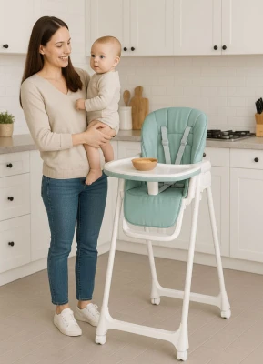 ECOTOYS HA-013 Detská jedálenská stolička, výškovo nastaviteľná, 5-bodové bezpečnostné pásy, zelená