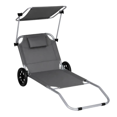 MultiGarden SMI-LG052 Skládací plážové lehátko na kolečkách se stříškou, šedé