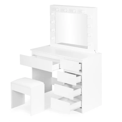 ModernHome MRDT10-MW Toaletní stolek se zrcadlem a LED osvětlením, stolička, bílý