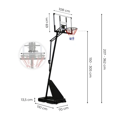 MOVEPRO QSG-S255 Nastaviteľný basketbalový kôš s loptou a pumpičkou, 305 cm