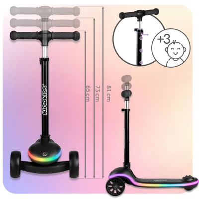 Ricokids 766000 Trojkolová kolobežka na rovnováhu Leddi, RGB LED, čierna